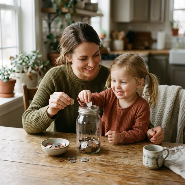 Mother planning family financial future with children