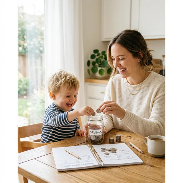 Mom using a family budget planner with her child